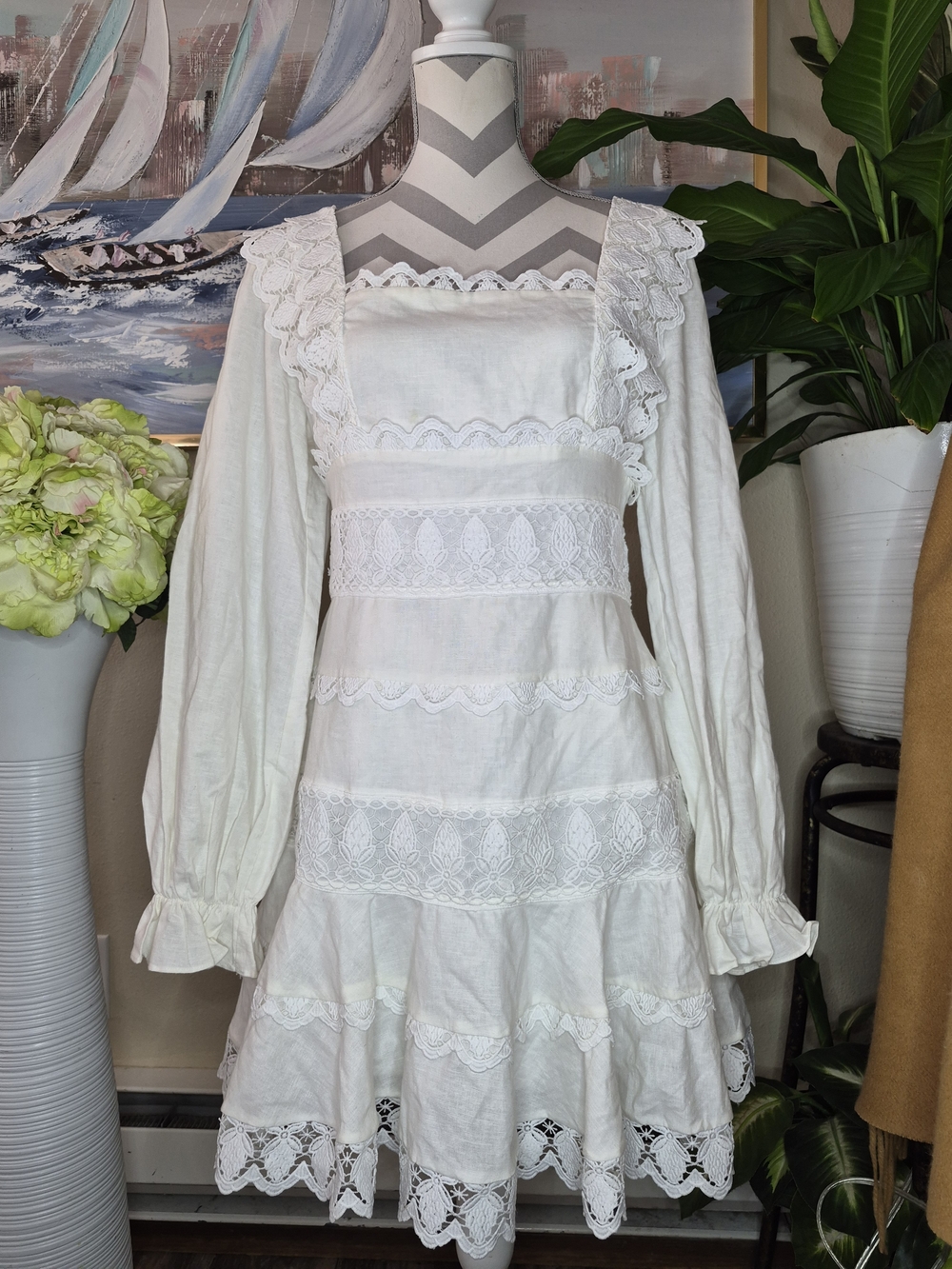 Endless Rose Women's Square Neckline White Lace Trim Embroidered Dress